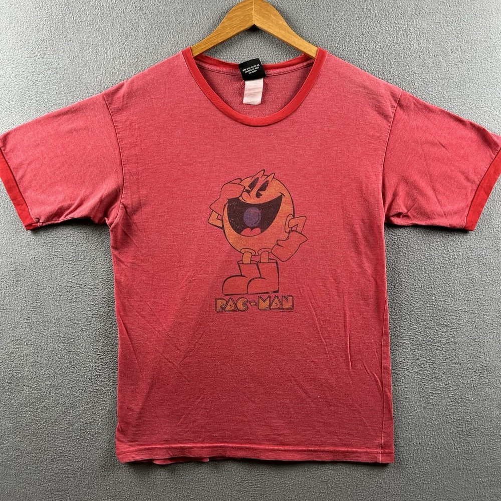 Vintage Pac-Man Shirt Mens Large Red Faded Ringer Tee Namco Video Game Giant Tag